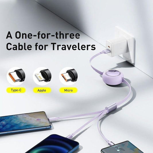 3-in-1 Retractable USB Charging Cable – Fast Charging Multi-Device Cable (Type-C, Lightning, Micro USB)